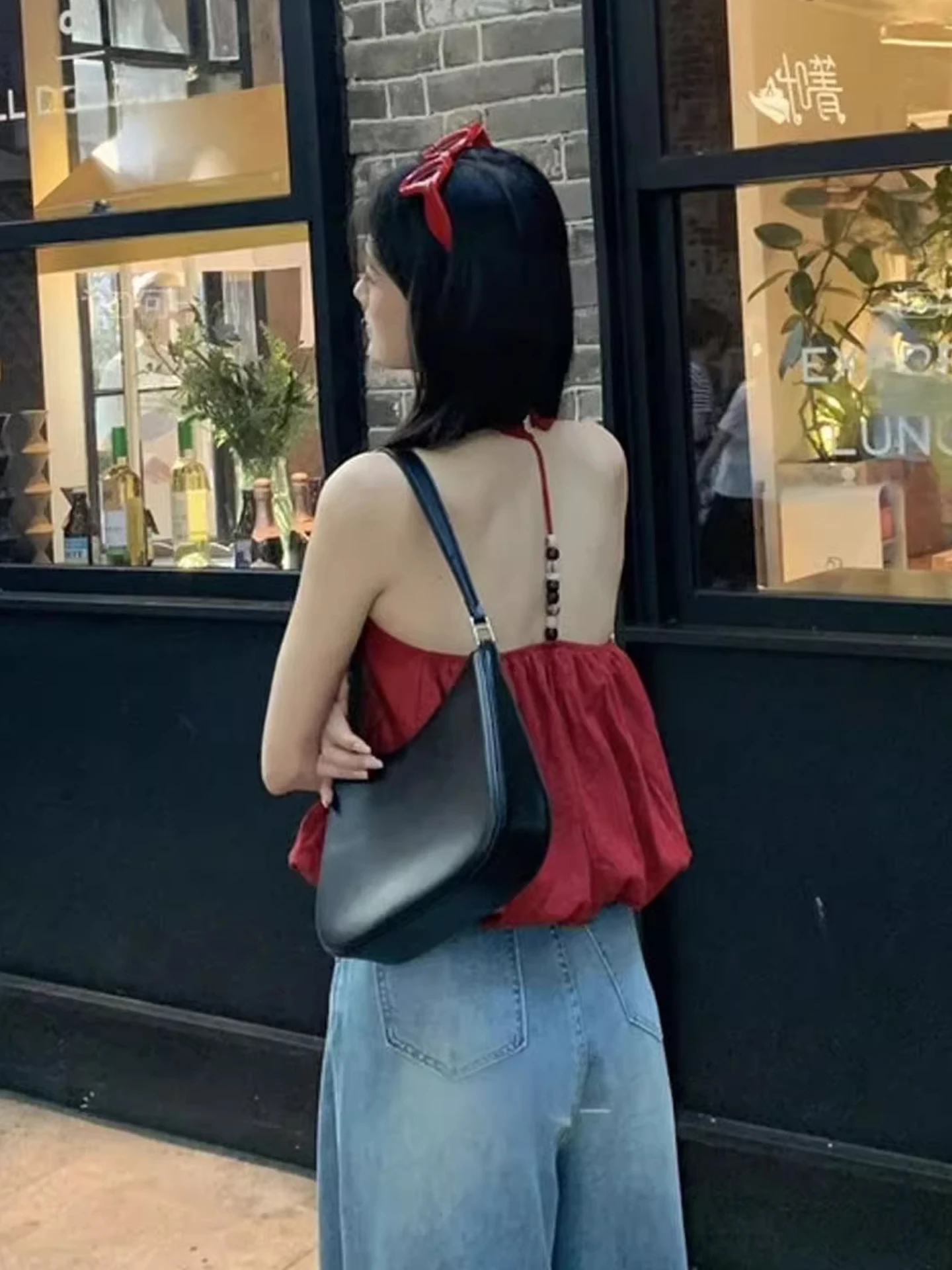 

Red Cloud Flower Bud Hollow Bead String Nelace Vest irt Women Summer Loose Puffy ort Top Hanging Ne Sle Commute Wind