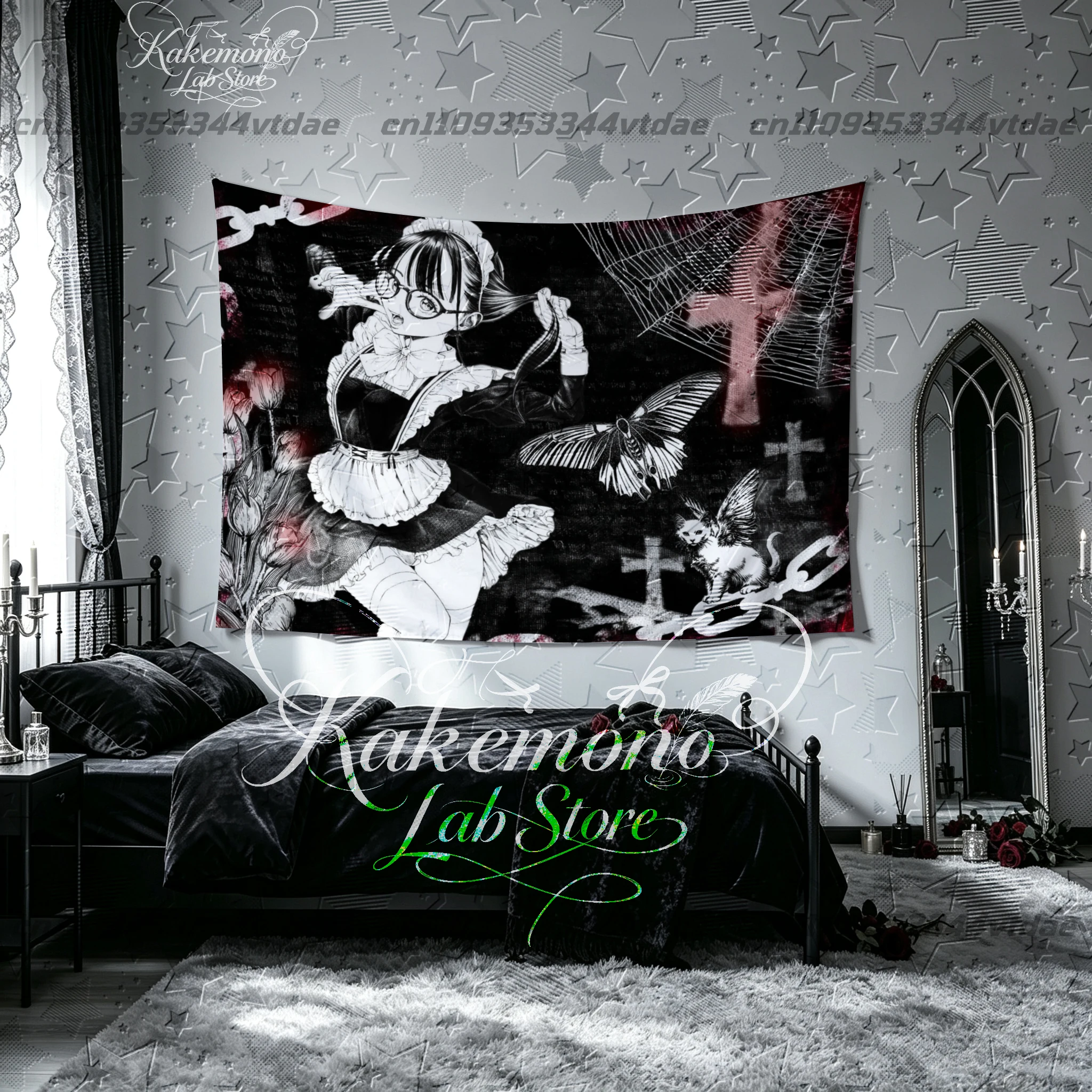 Gothic Maid Girl Tapestry Black White Line Art Glasses Cat Ear Cross Moth Spider Web Print Wall Hanging Bedroom Aesthetic Decor