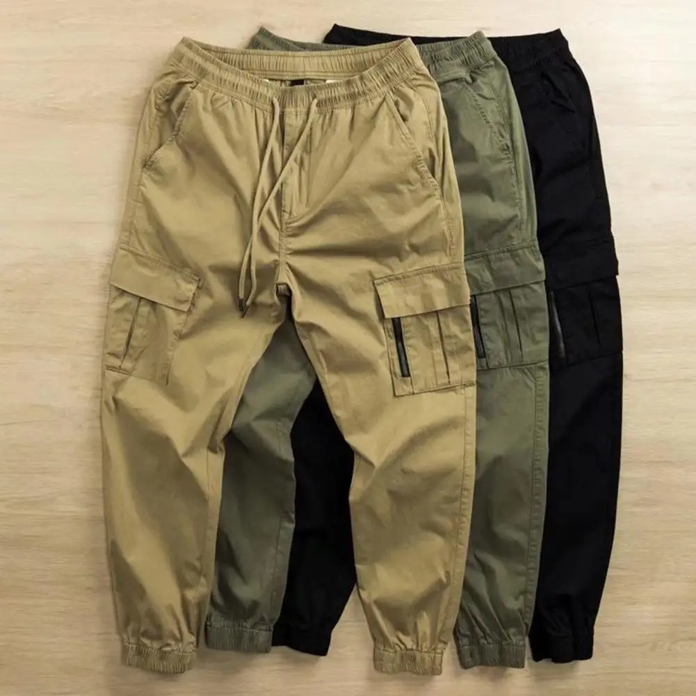 

Joggers Men Cargo Pants Solid Color Breathable Drawstring Elastic Waist Ankle-banded Men Trousers M-3XL