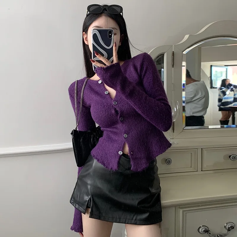 New Imitation Mink Knitted Cardigan Sexy Purple Knitted Tight Irregular Cardigan Long-sleeve Single Breasted Sweater Coat Tops