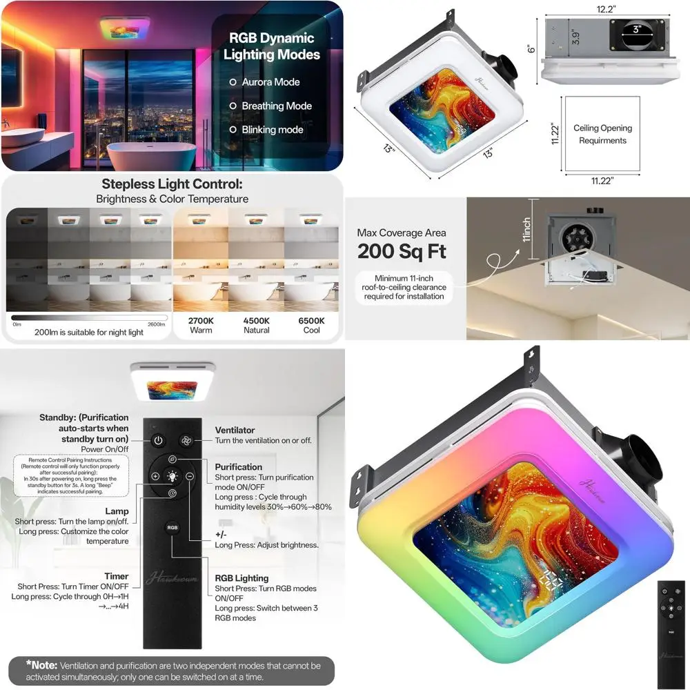 

Вытяжной вентилятор для ванной комнаты 230 м³/ч, 1.0 Sone, с 7-цветной LED-подсветкой и пультом ДУ