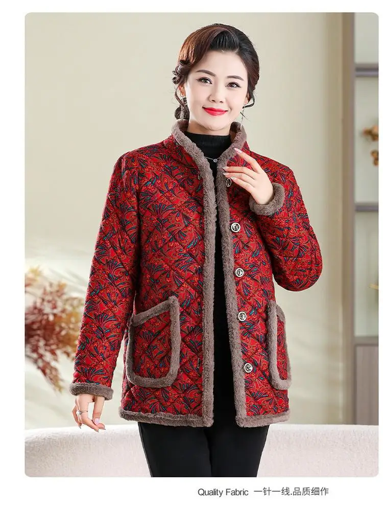 سترة صوف للنساء في منتصف العمر وكبار السن للنساء معطف قطني مزين بالزهور ملابس خارجية سميكة للشتاء بياقة واقفة #5