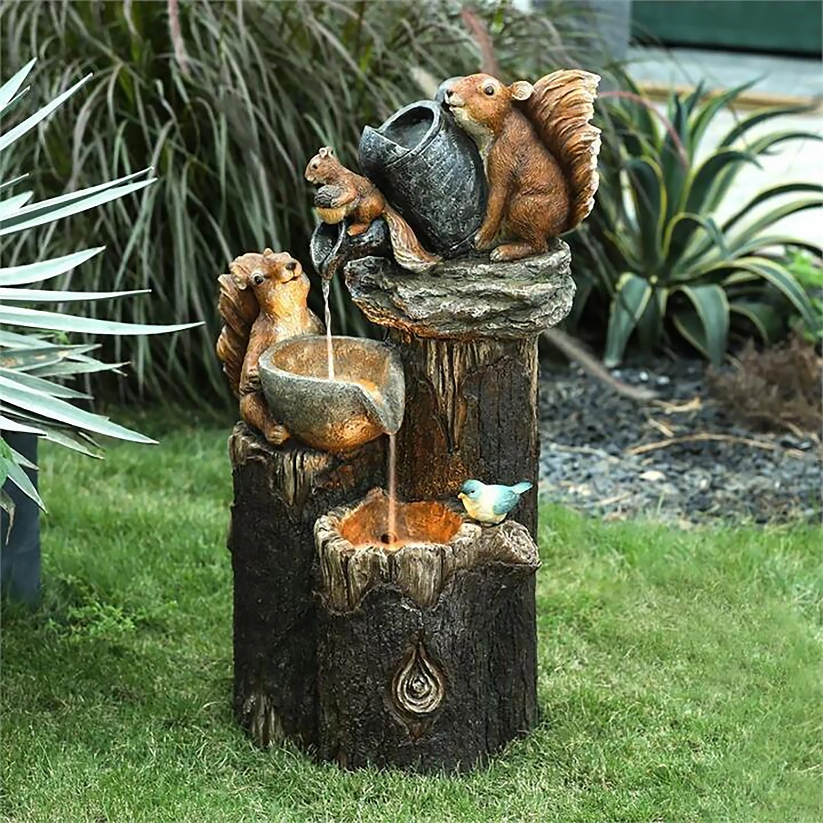 Duck Squirrel Solar Fountain Ornament Garden Duck Family Creative Statue Landscaping Decor for Outdoor Yard Garden Decor