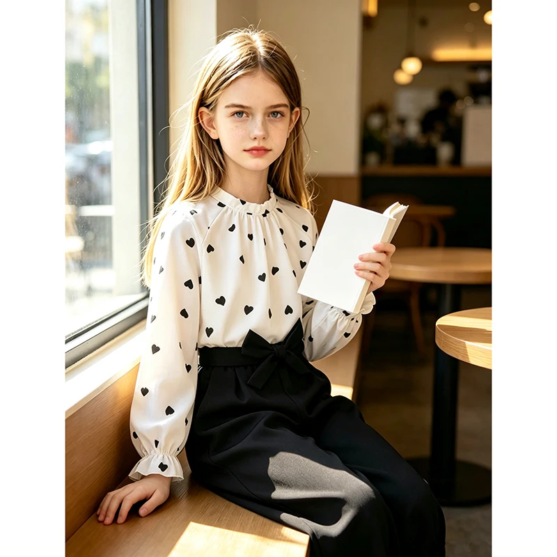 Autumn New Girls Outfit 8-12 Years Girls Long Sleeve Shirt With White Heart + Black Wide-Leg Pants Pastoral Retro Kids Suit