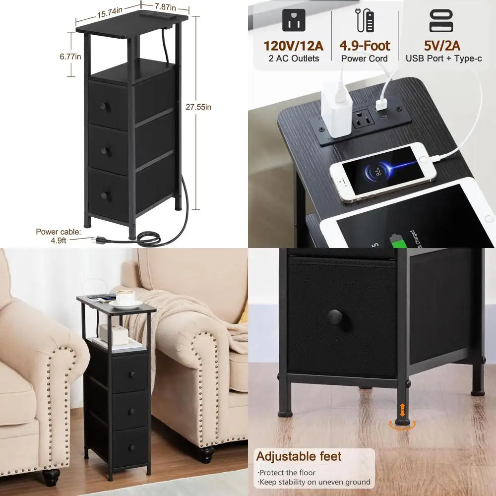 

Черные прикроватные столики-зарядные станции (комплект из 2 шт.), узкие тумбочки с тканевым ящиком, тонкие прикроватные столики для небольших помещений, для гостиной и спальни