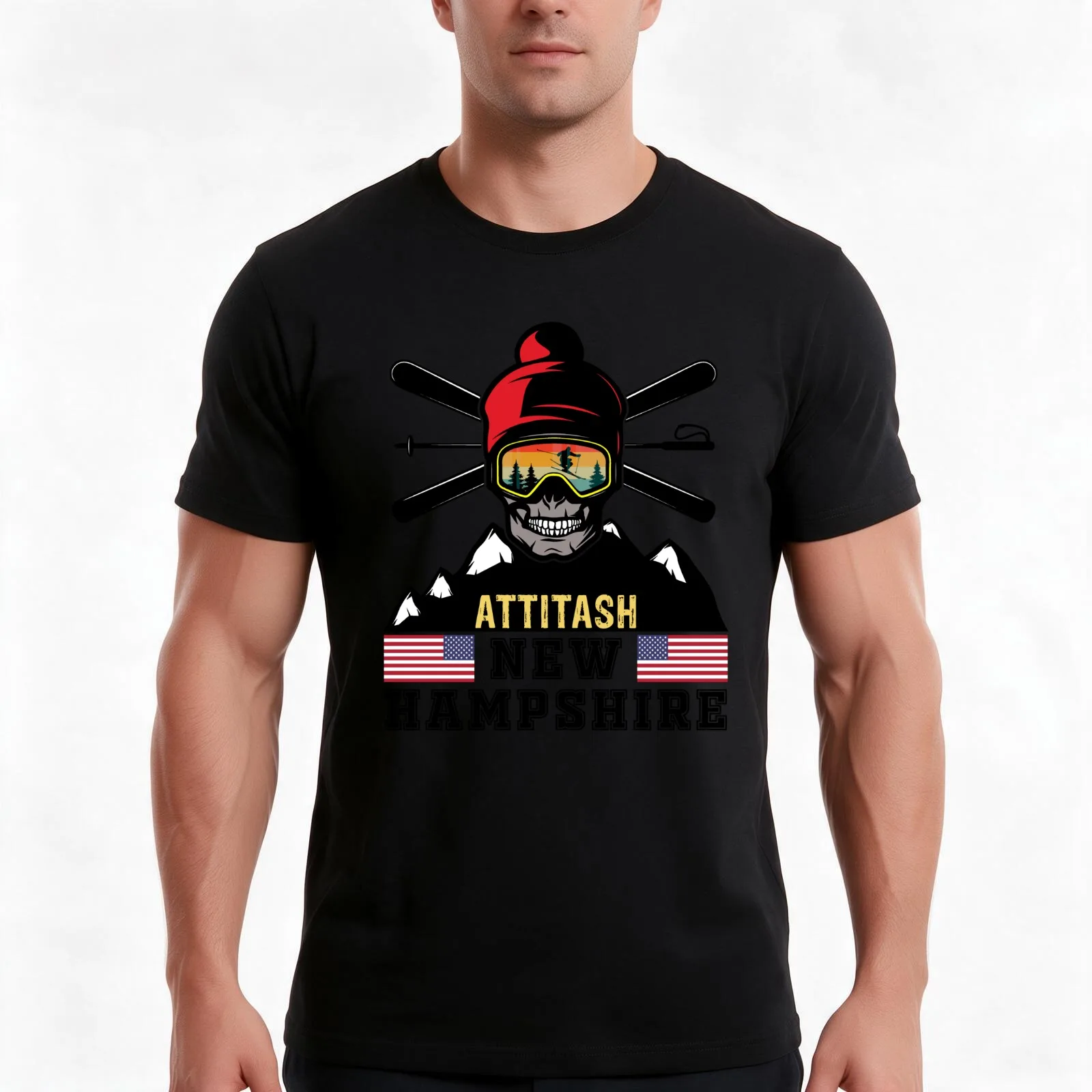 Attitash skiing new hampshire skull vintage retro sunset ski goggle T-Shirt, Summer Casual Cotton Tee, Oversized Streetwear Tops