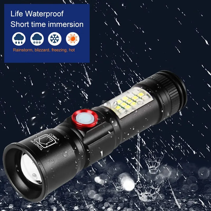 Lanterna LED recarregável de alta potência, 10W Lâmpada Beads, Tocha portátil, 5 modos de iluminação, Zoomable, vermelho, azul, Camping Light