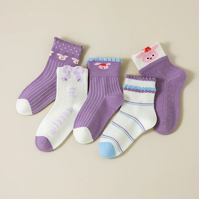 

Пять пар носков до колена с милым мультяшным фиолетовым кроликом для девочек, мягкие, удобные, дышащие и универсальные.