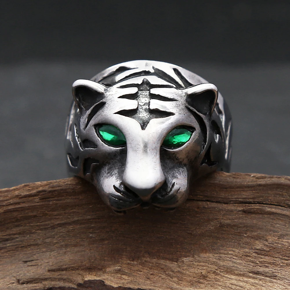 Vintage Punk Tiger Ring With Green Stone Eyes Stainless Steel Hip Hop Biker Animal Rings For Men Party Jewelry Gift Dropshipping