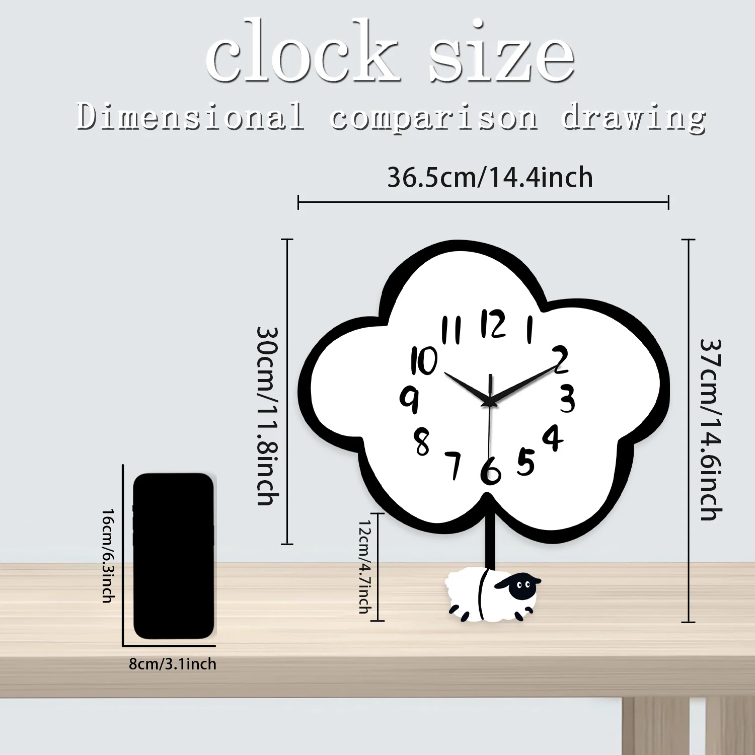 A Modern Cute Wooden Cloud Sheep Large Swinging Wall Clock, Battery-Powered, Silent Swinging Clock for Living Room, Bedroom, Home, Kitchen, Aesthetic Room Decoration, Unique Gift (Battery Not Included) - view 3