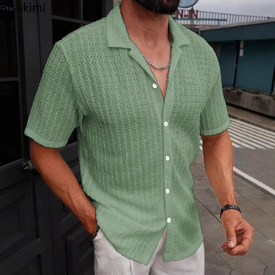 

Men's Casual Striped Shirt Lapel Solid Color Tops Casual Breathable Hollow Out Shirt Men Daily Leisure Short Sleeve Mesh Shirts