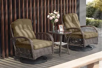 SHA CERLIN 3 adet veranda mobilya takımı, açık döner planör Rocker, hasır veranda Bistro seti ile sallanan sandalye, minderler ve