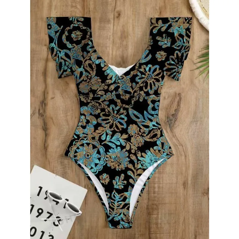 

2025 New Ruffle Short Sleeve Swimsuit One Piece Swimwear Women Sexy Bathers Floral Bathing Swimming Suit Female V Neck Beachwear