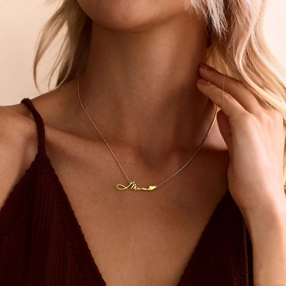 Custom Cursive Name Heart Necklaces Personalized Dainty Nameplate Necklaces Stainless Steel Jewelry Best Gift For Women Mama