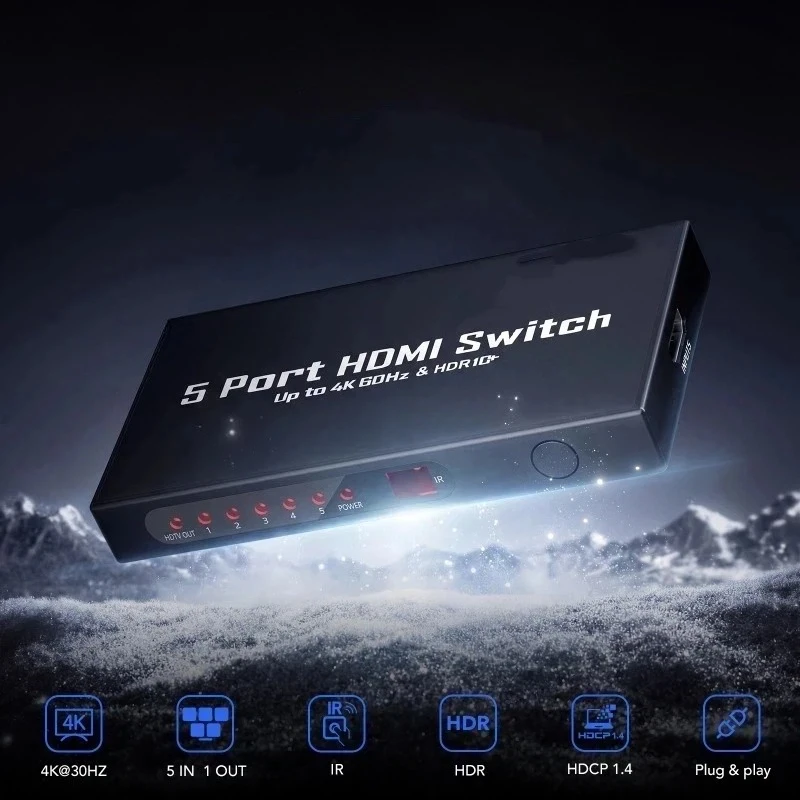 5 In 1 Out HDMI-compatible Switch 4K30Hz 1.4 HDCP1.3 HDR 3D Dolby Vision IR Remote for LED TV PS4 PC Monitor Laptop Game