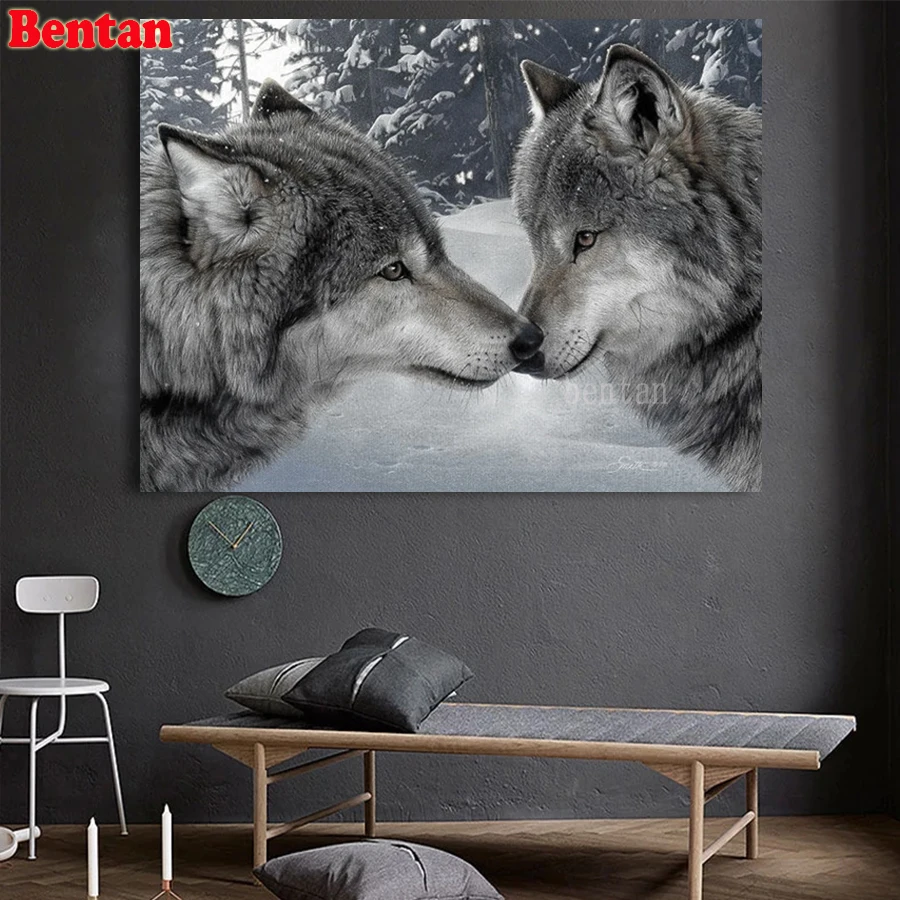 5D Diamond Painting Diamond Mosaic Wolf Couple DIY Full Drill Square Diamond Embroidery Winter Snow Scene Cross Stitch Decor