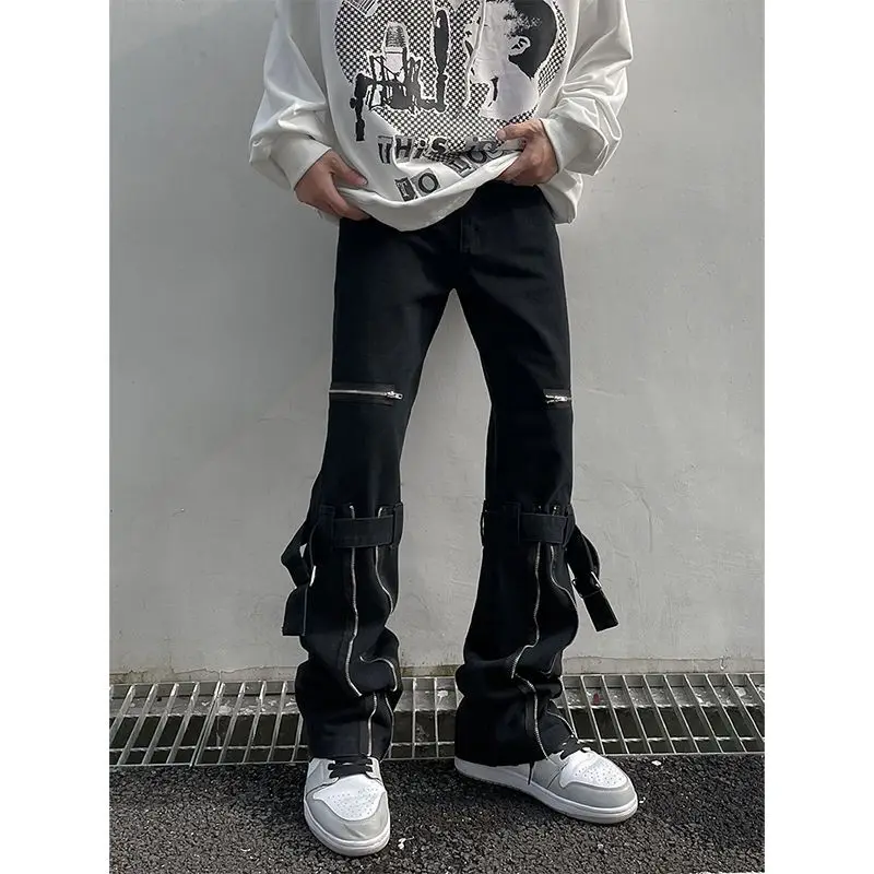 

High street men black jeans American street zipper design straight tube micro flared work clothes couple pants streetwear men