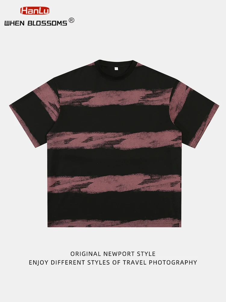 

Summer Men's Cotton Tie-Dye T-Shirt Color Block Stripes Embroidery Japanese Retro Streetwear Casual Half Sleeve Loose Tee