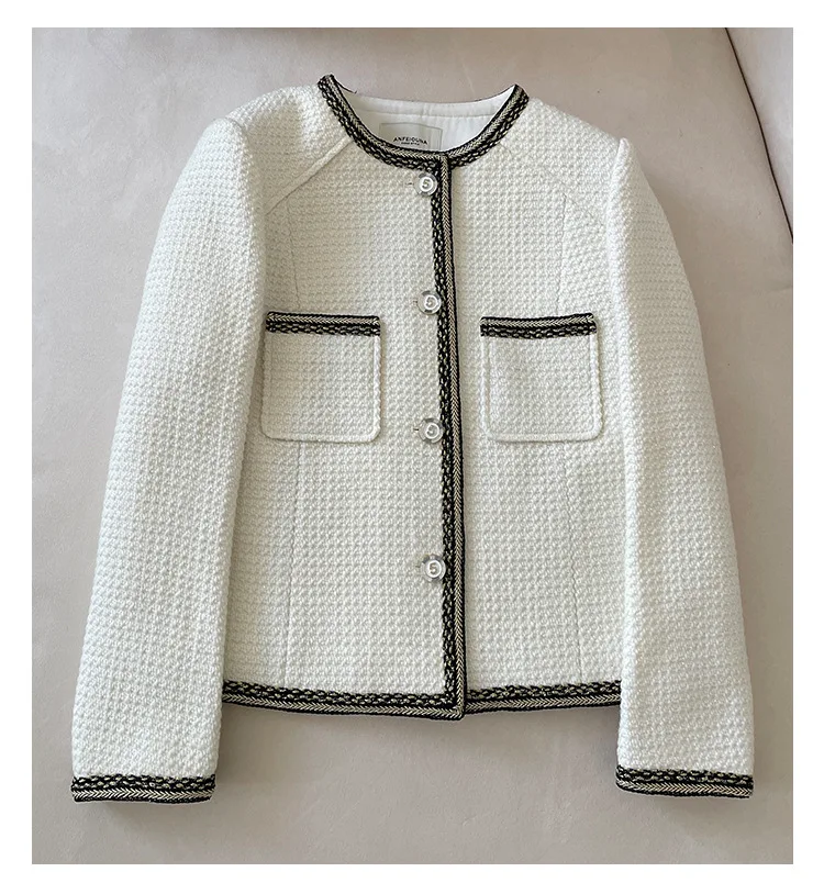 Manteau en tweed de style coréen pour femmes, poches de créateur, blanc, noir, haute qualité, tout neuf, automne, 2023, F306