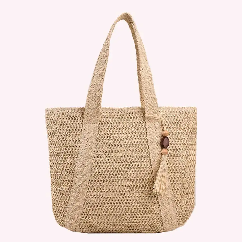 

Top-Handle Bags Fashion Handmade Hand-Woven Handbags Summer Simple Large Capacity with Tassel Pendant Shopping Handbag Tote