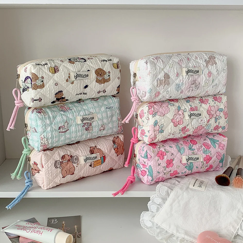 1pc Fashion Korean Flower Quilted Handheld Makeup Bag Cute Girl Large Capacity Travel Storage Bag Student Stationery Pencil Case