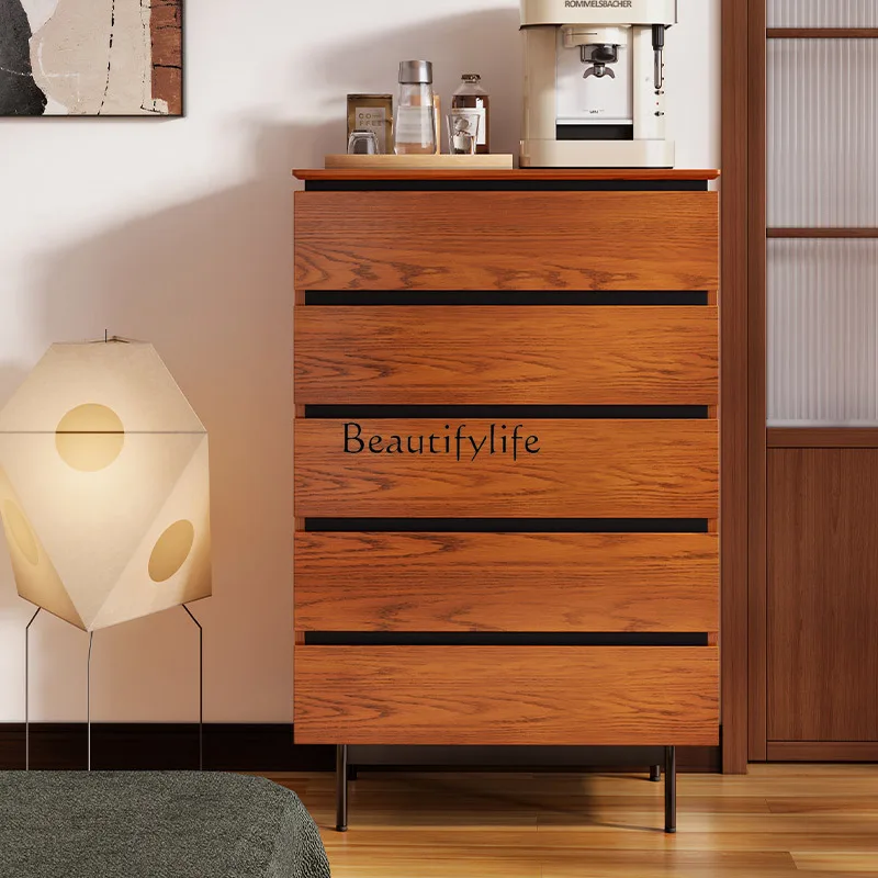 

American retro solid wood locker next to the floating light TV, wall drawer storage chest of drawers