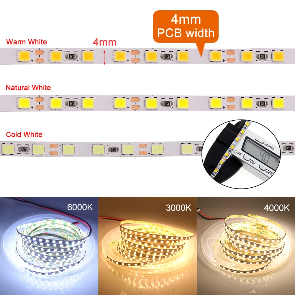 12V LED Strip Light 4mm 8mm 120LEDs/m 2835 Flexible Tape Light Ribbon Warm/ Natural/ Cool White for Home Decor Kitchen Lighting