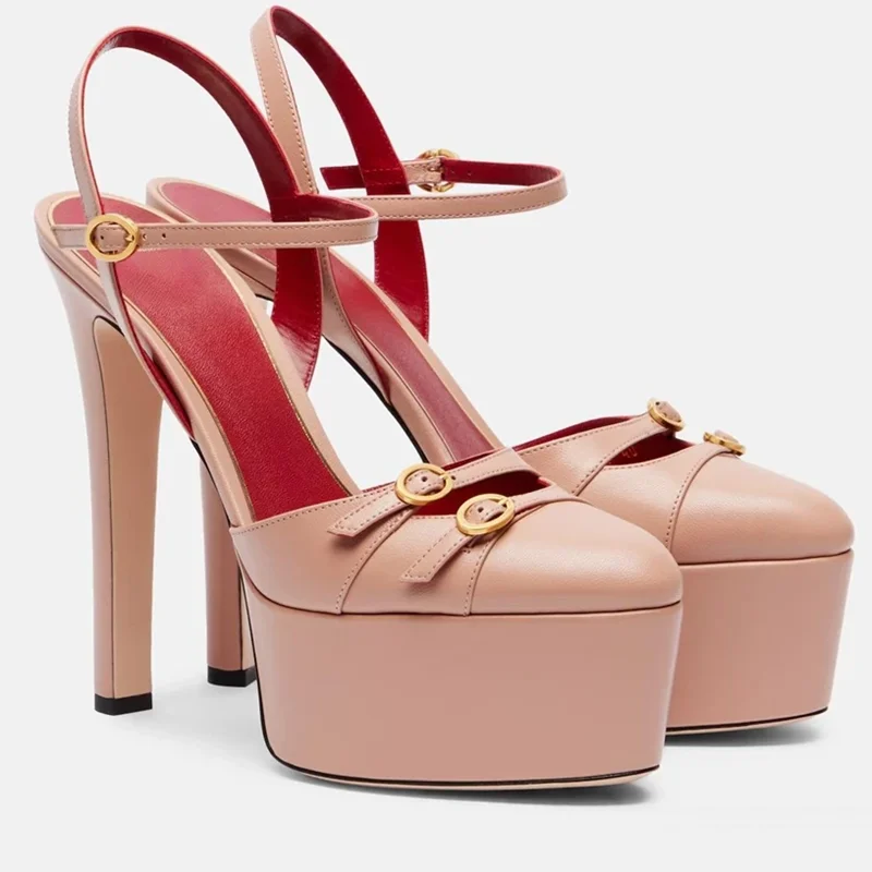 

Platfrom Metal Buckle Belt Leatehr Sandals Sexy Pointed Toe Thin Heel Slingback Straps New Arrivals Fashion Women Modern Shoes