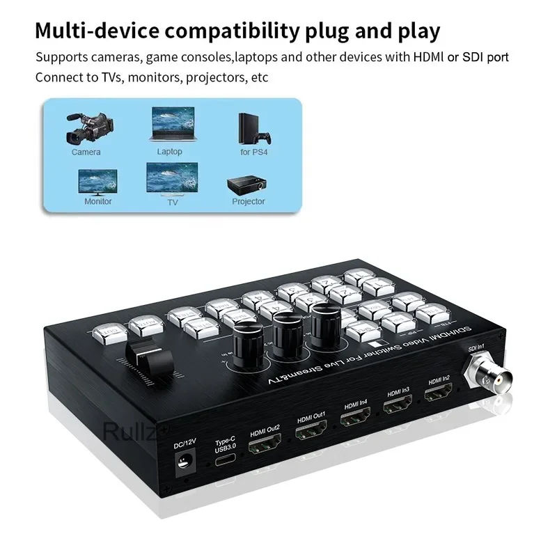 1080p SDI HDMI Video Mixer Switcher 4 Camera Live Streaming Production Broadcasting Station with USB3.0 UVC Video Record Capture