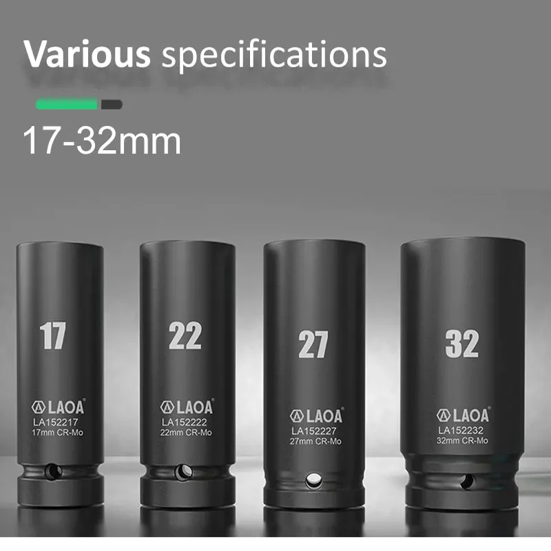 LAOA  1/2 inch Head Used on Ratchet Wrench Drill Torque Spanner17-32mm Hex Socket Wrench Deep Sleeve for Pneumatic Electric Tool