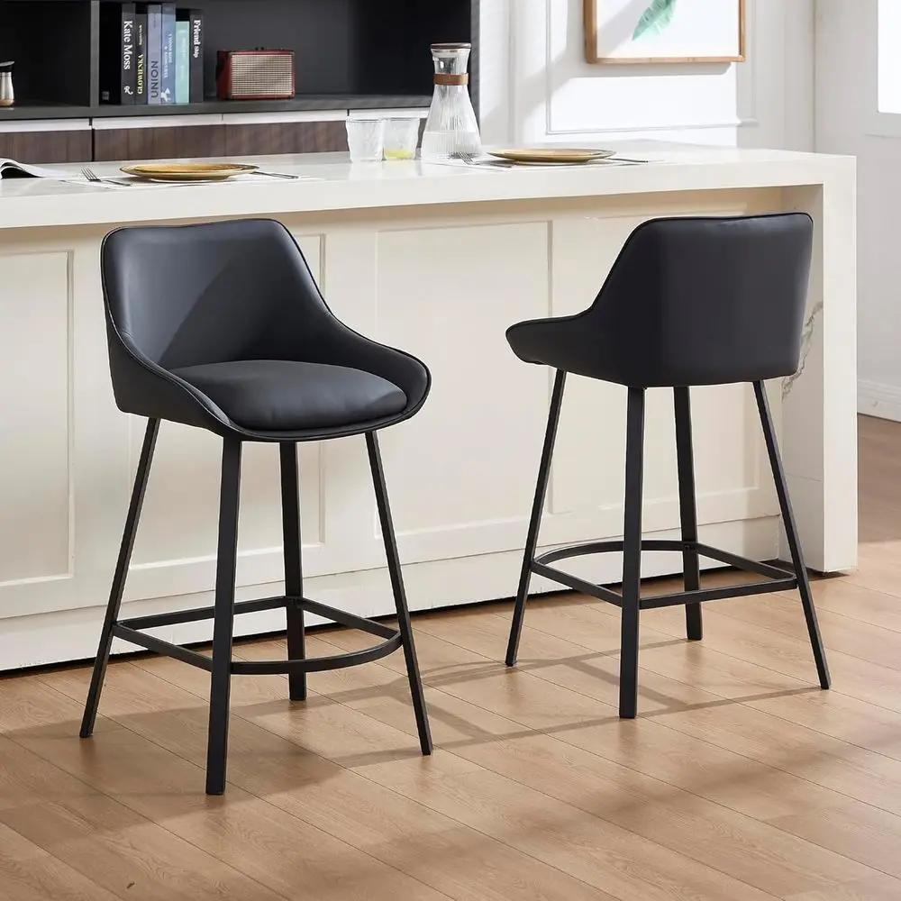 

26" ern Bar Stools Set o 2, aux Leather Upholstered Bar Stools, Counter Height Bar Chairs with Back or Kitchen, Dining Room, Cae