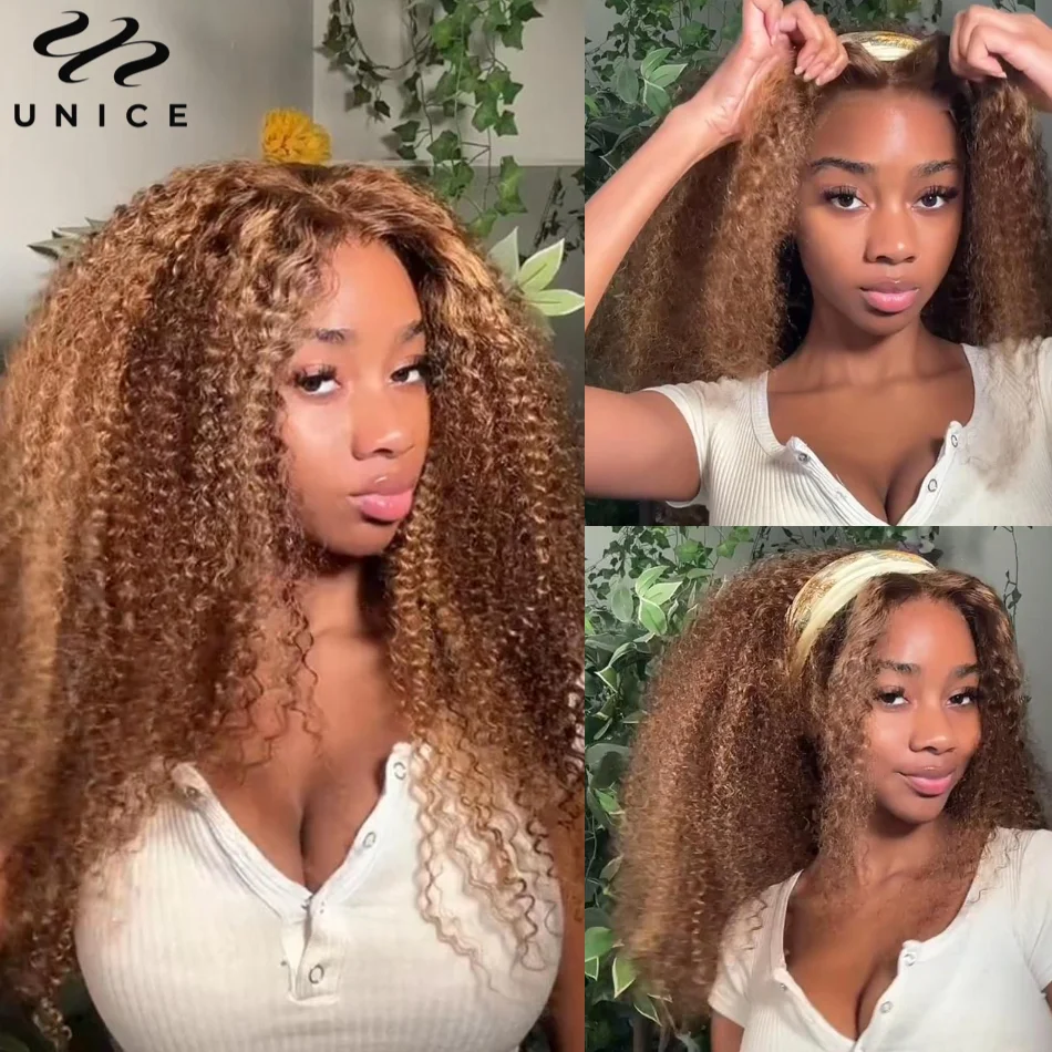 Unice Hair Blonde Highlight Kinky Curly Wig Pre Cut 6x4.75 Lace Glueless Wig Pre Plucked 13x4 Lace Front Human Hair Wigs