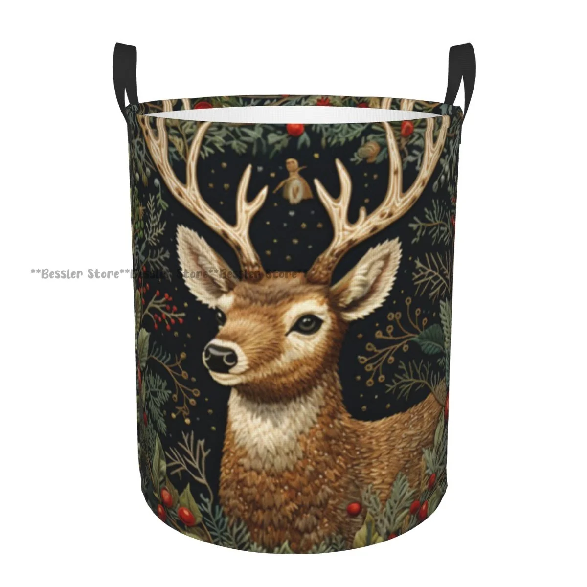 

Laundry Basket Deer And Berries Background Round Storage Bin Collapsible Hamper Clothes Bucket Organizer