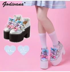 Japanese Style Lolita Colorful Rhinestone Bow Thick Bottom Platform Ladies Sweet Mary Jane Shoes Chunky Heel Women's Pump Shoes