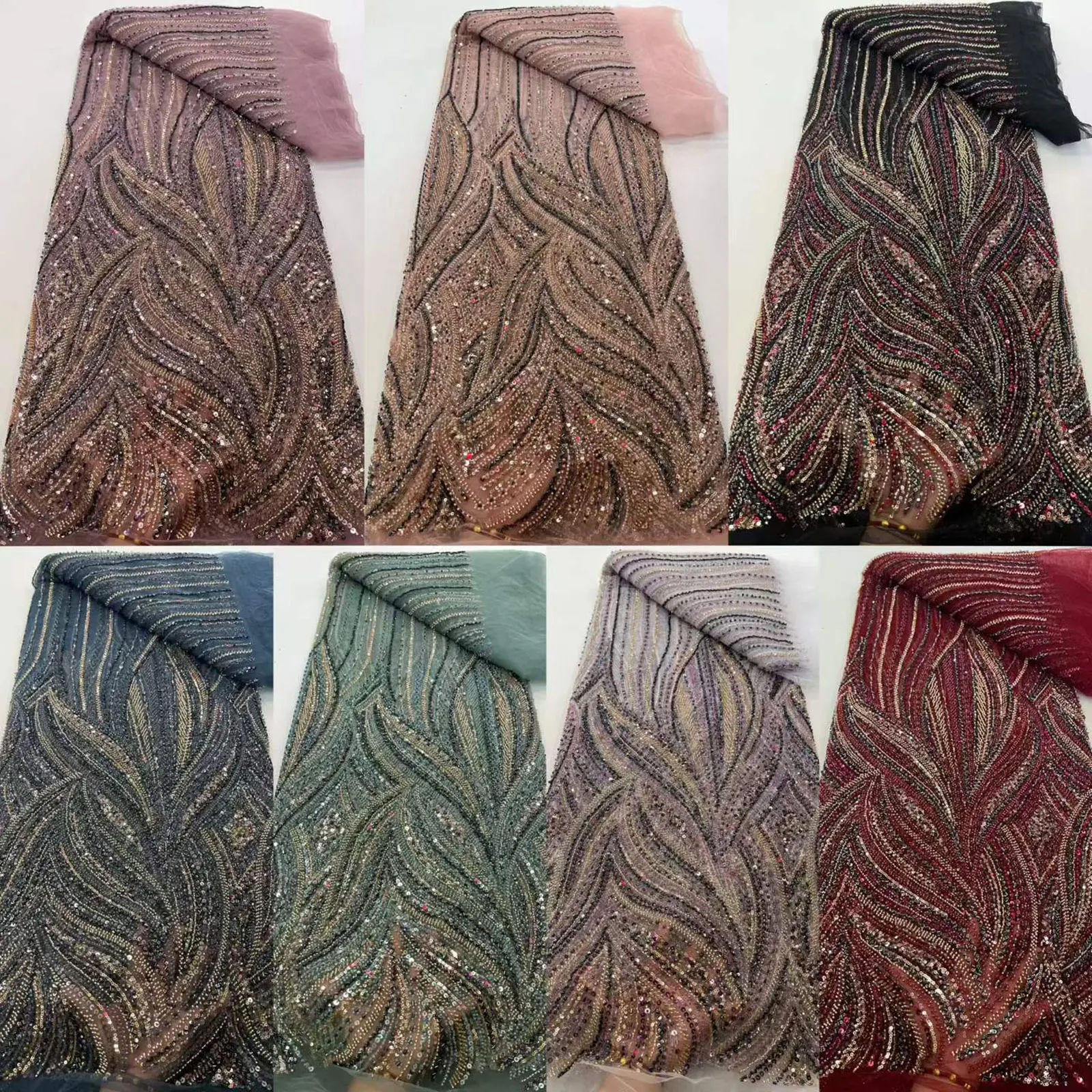 5 Yards afrikanischer Perlen-Spitzenstoff 2026 Hochwertiger französischer Pailletten-Tüll-Spitzenstoff für nigerianischen Brautstil – Detail 3