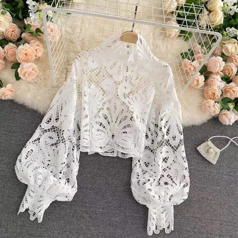 New Sexy Lace Hollow Out Short Blouses Women Casual Lantern Long Sleeve Elegant Solid Shirts Female Vintage Autumn Fashion Tops