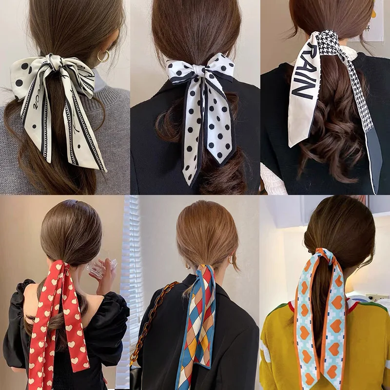 Fashion Women Letter Hair Ribbons French Elegant Long Headband Bag Strap Accessories Girls Bow Knot Long Hair Scarf HairBands