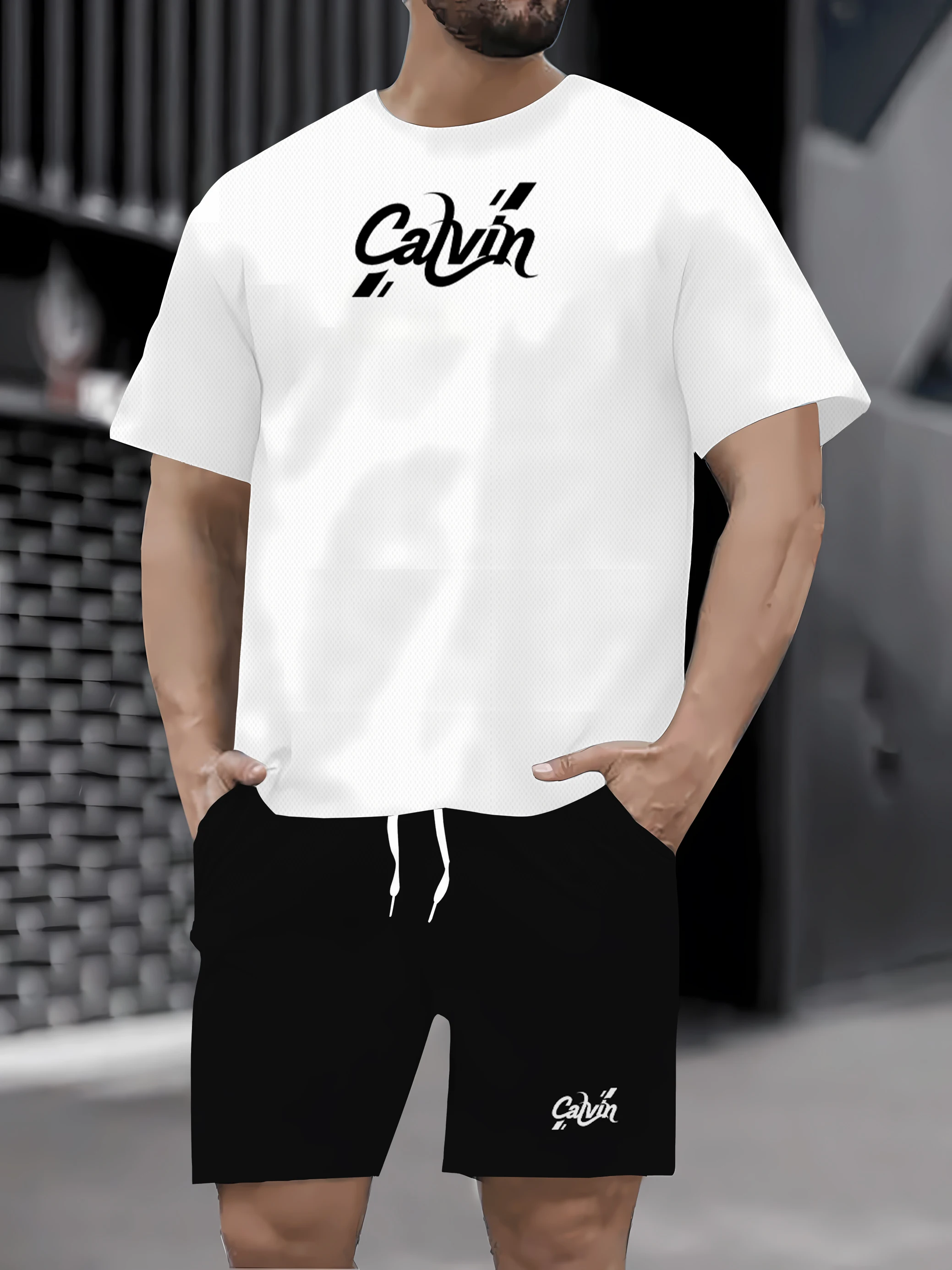 

Solto moda calvin carta impressão confortável em torno do pescoço de manga curta roupa masculina verão casual camiseta e shorts