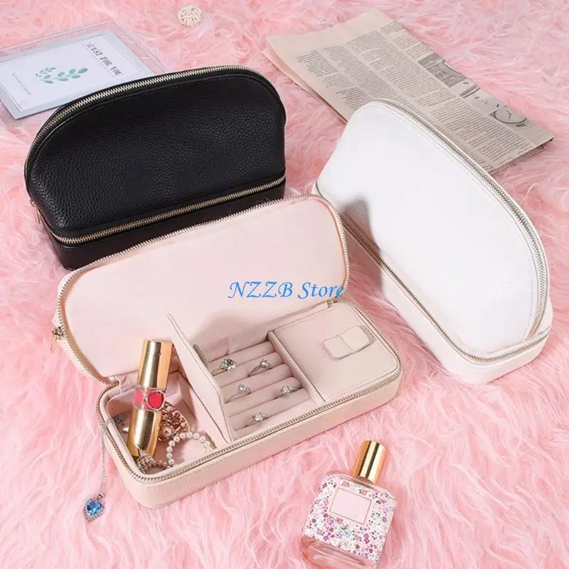 T21F Leather- Jewelry Double-Layer Jewelry Box Convenient Earrings Jewelry Storage Bag Lipstick Rings Storage Box