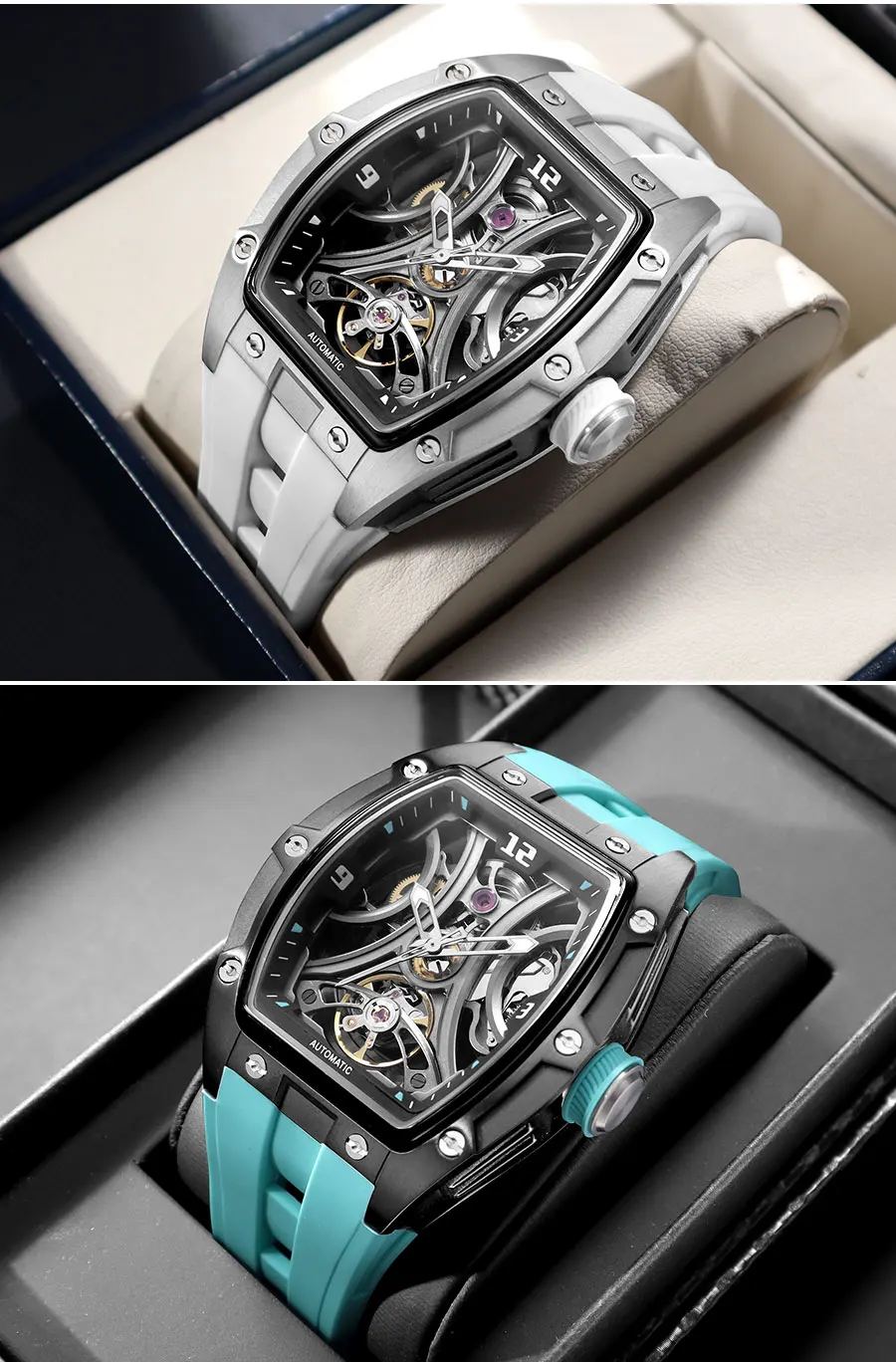MEGIR Sport-Stil, automatische mechanische Uhr für Herren, voll hohl, transparentes Zifferblatt-Design, Edelstahlgehäuse, Silikonarmband – Detail 8