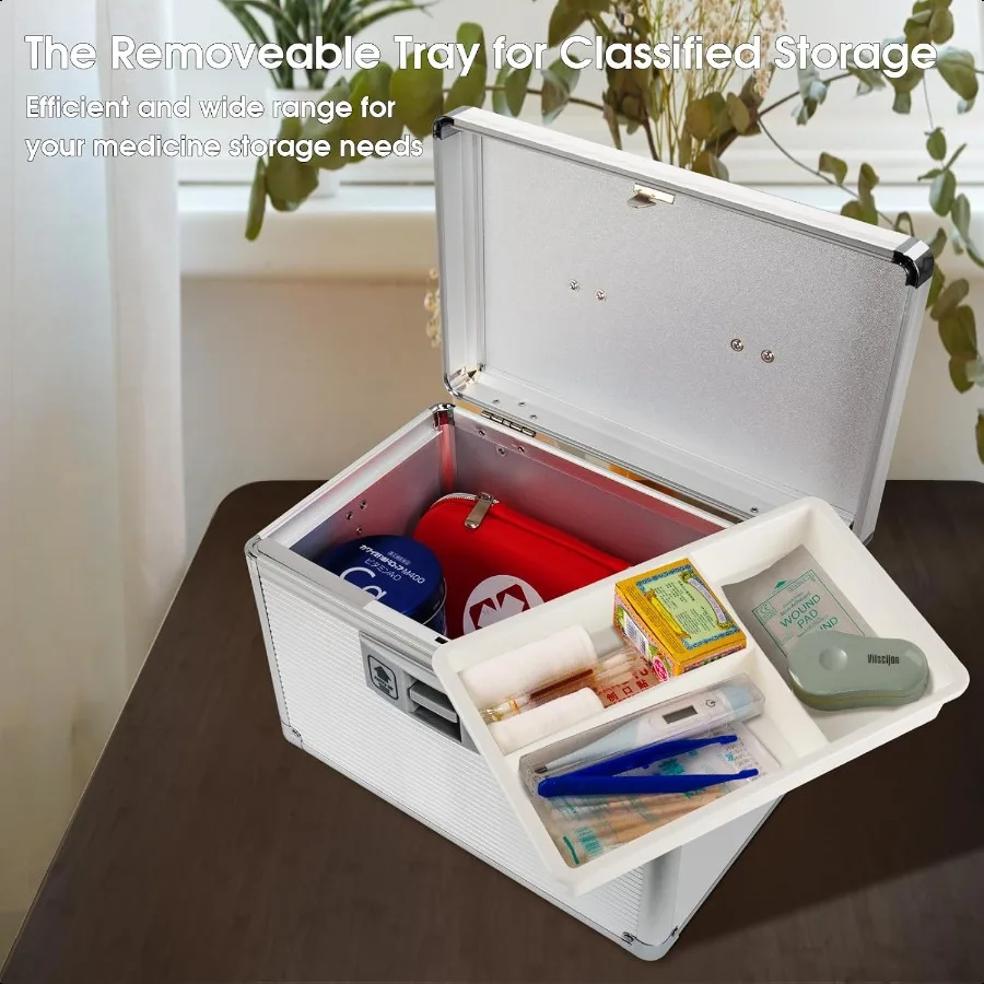 Medicine Lock Box with Key Alluminum Alloy Box for Medication First Aid Box with a Removeable Tray to Store Medicines Pills for