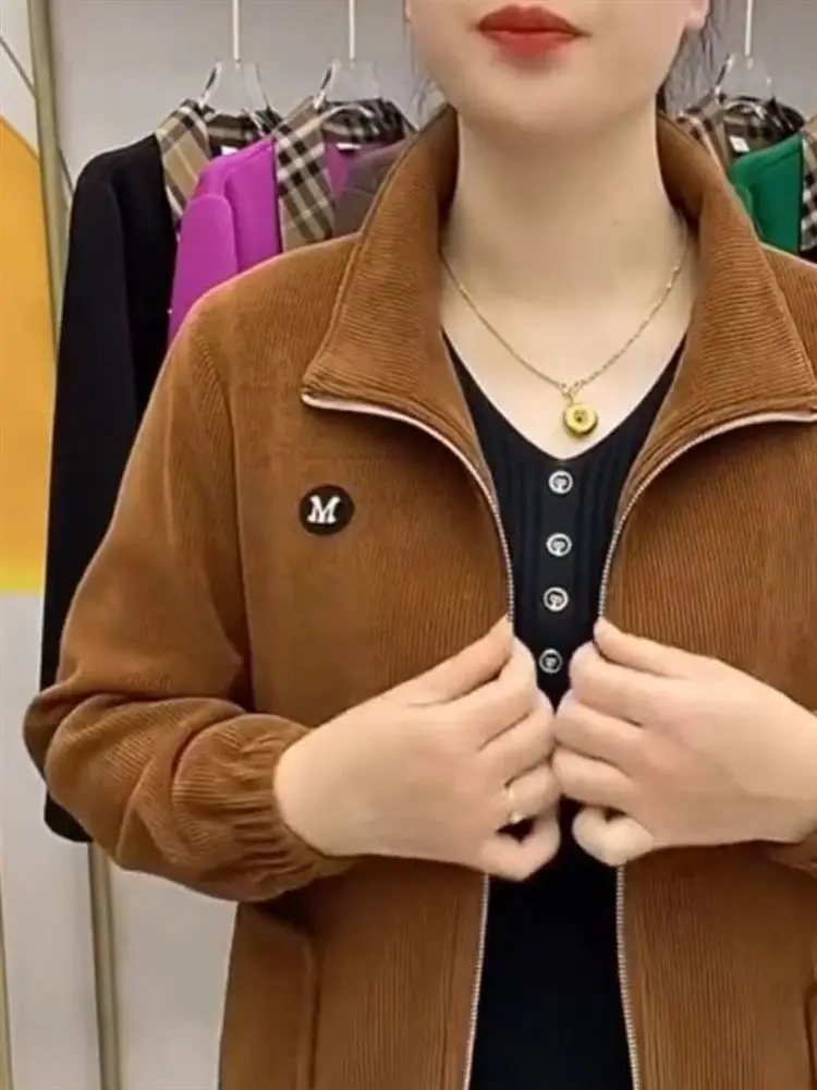 

Элегантная вельветовая куртка для женщин: осенне-зимняя, свободного кроя, на молнии, больших размеров, с флисовой подкладкой, для повседневной носки