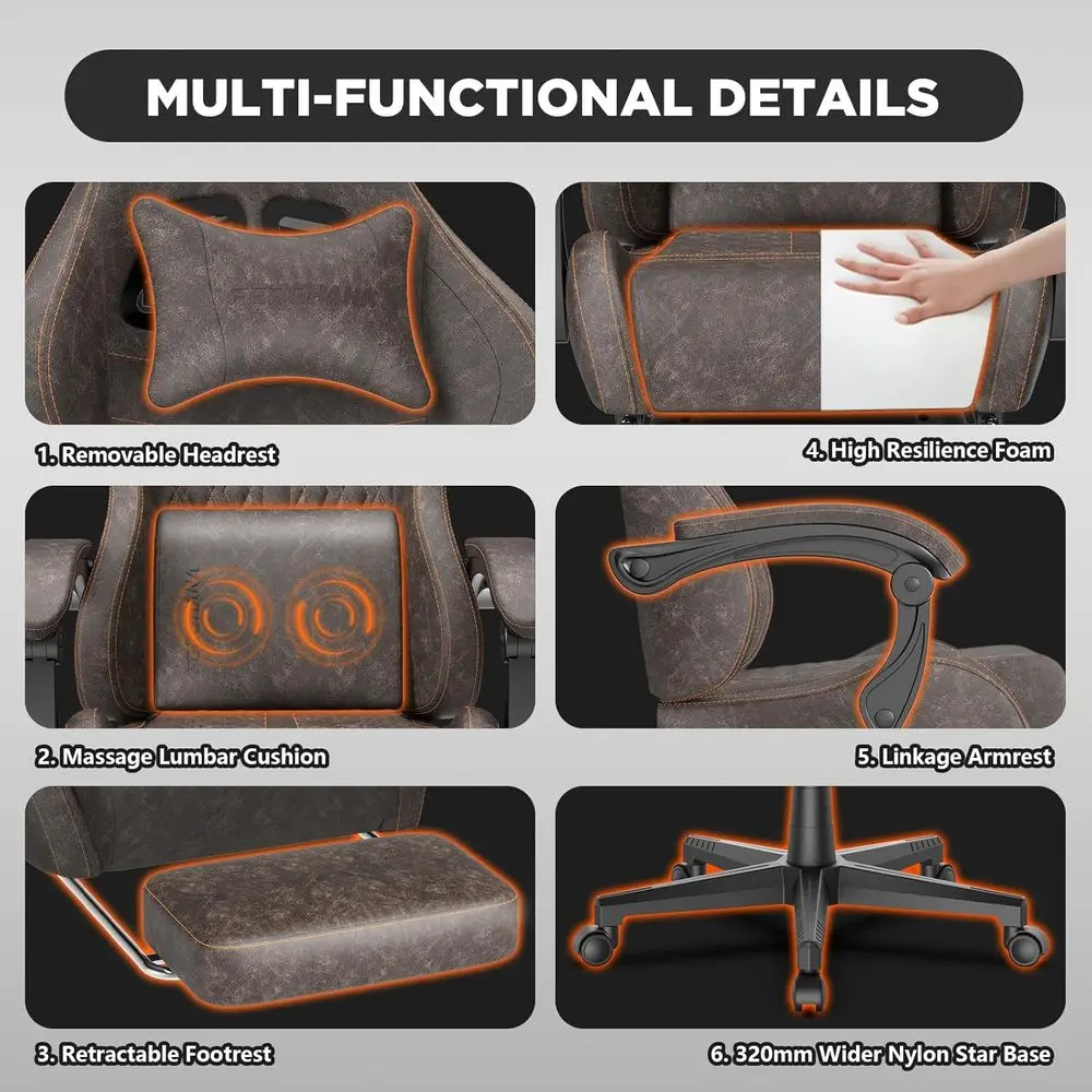 Ergonomic Vintage-Style PU Leather Gaming Chair with Massage, High-Back Recliner for Adults, Racing-Inspired Video Game Seat (Br view 5
