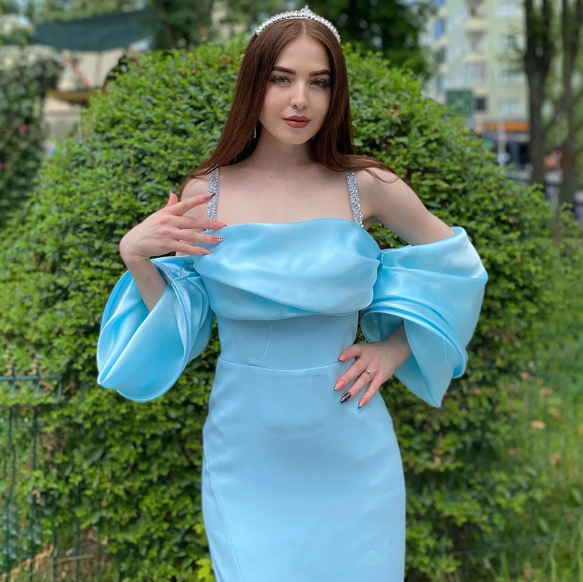 Vestido De noche azul cielo elegante con cuentas, vestido De graduación con abertura lateral, cuello cuadrado, sirena, Para mujer, 2024