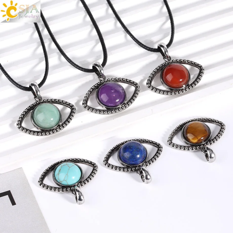 CSJA Eye Shape Pendant Necklace Healing Natural Stone Round Cabochon Bead Tiger eye Amethysts Crystal Jewelry Gift H568