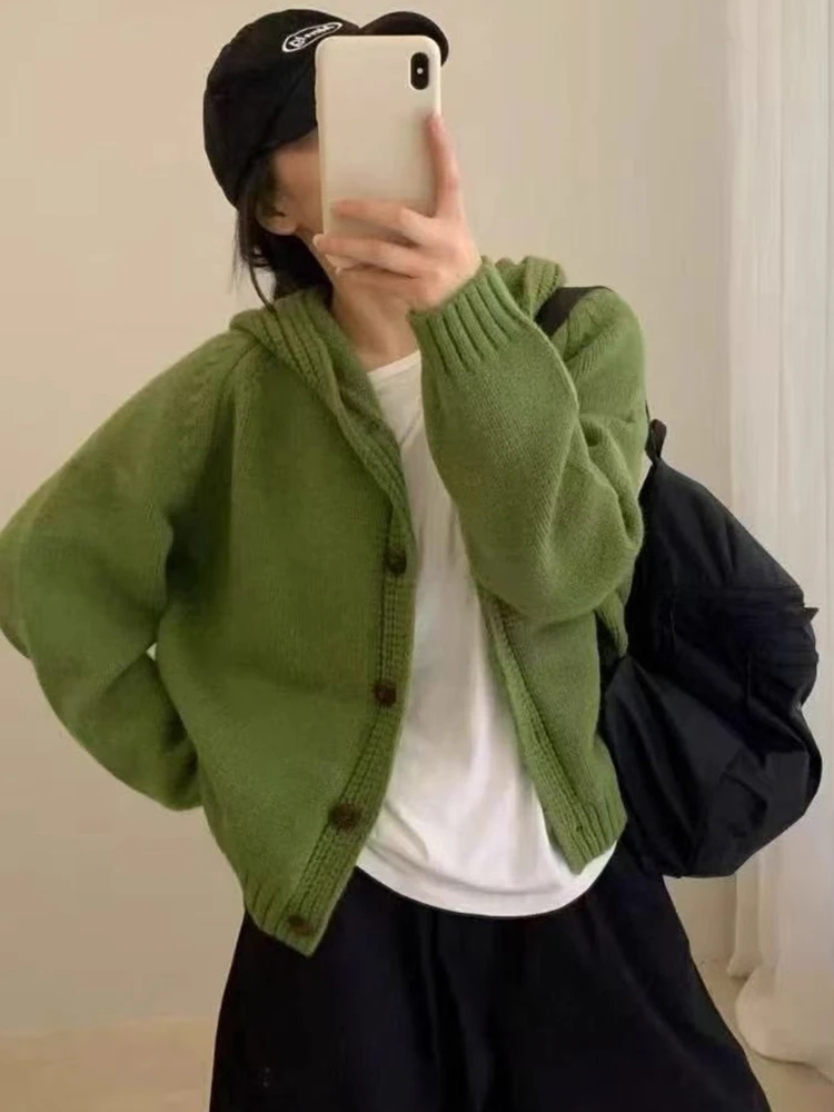 

Корейская женская утепленная вязаная шапка-свитшот, теплая зимняя повседневная кофта с длинными рукавами на пуговицах