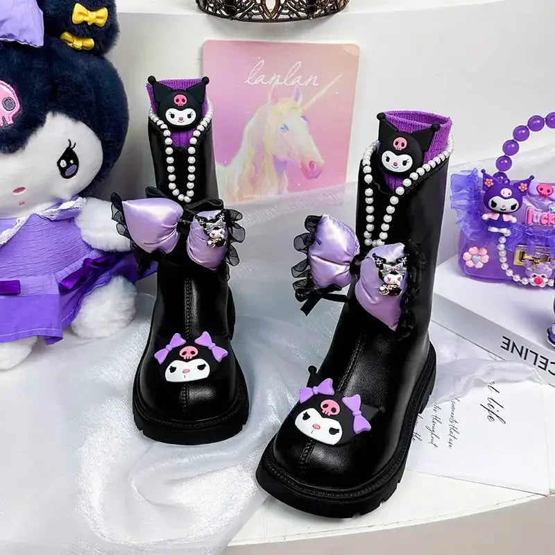 Sweet Kuromi Anime Sanrio Ins Fashion Cotton Long Boots Autumn Winter Cute Kawaii Leather Princess Shoes Y2k Gifts for Kids