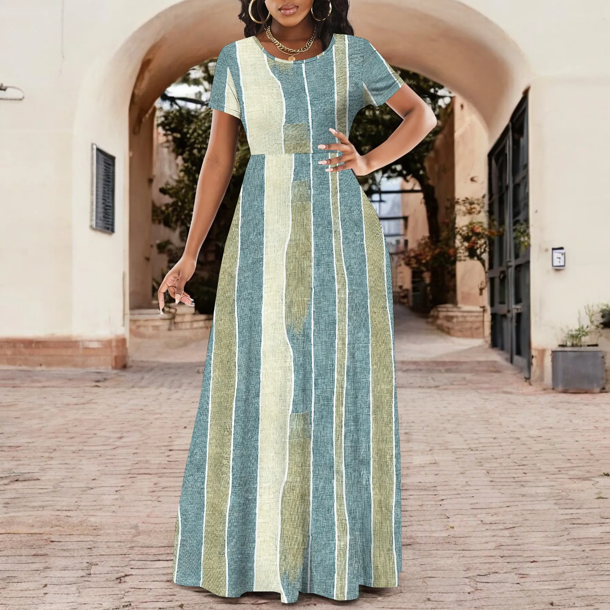 

Boho Style Striped Maxi Dress for Women Summer 2025 Casual Short Sleeve High Waist Long Dress Plus Size Daily Outfit XS-3XL