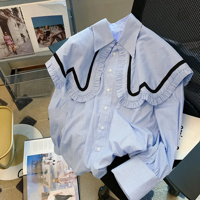 

Korean College Sle Sweet Color Blo Doll Collar Striped Casual Long Sve irt for Men And Women Spring Autumn Faion A...