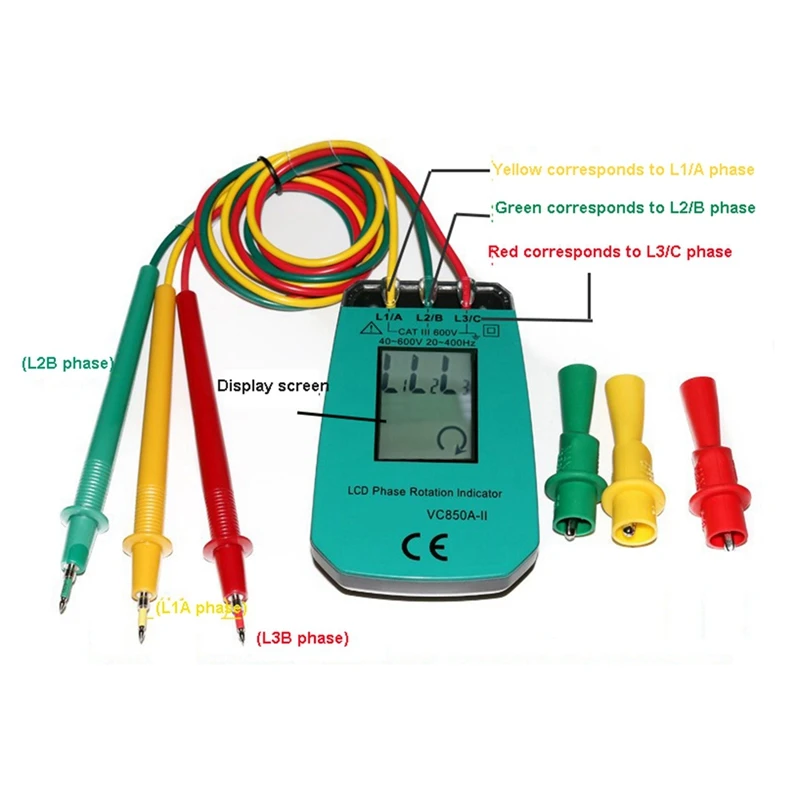 3 Phase Tester Digital Phase Indicator Detector LED Phase Sequence Meter Voltage Tester 40V-600V AC Easy Install